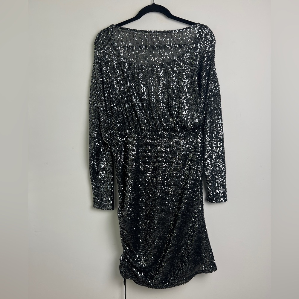 Free People Large Graphite Giselle Sequin Long Sleeve Ruched Skirt Mini Dress - Picture 5 of 15